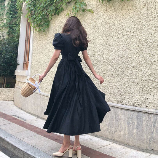 【dress】一目惚れ！ラウンドネック半袖パフ袖体型カバーファッション無地ワンピースF0627