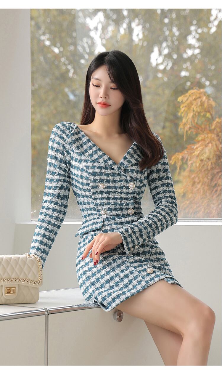 【dress】Vネック長袖ツイードワンピース G19174