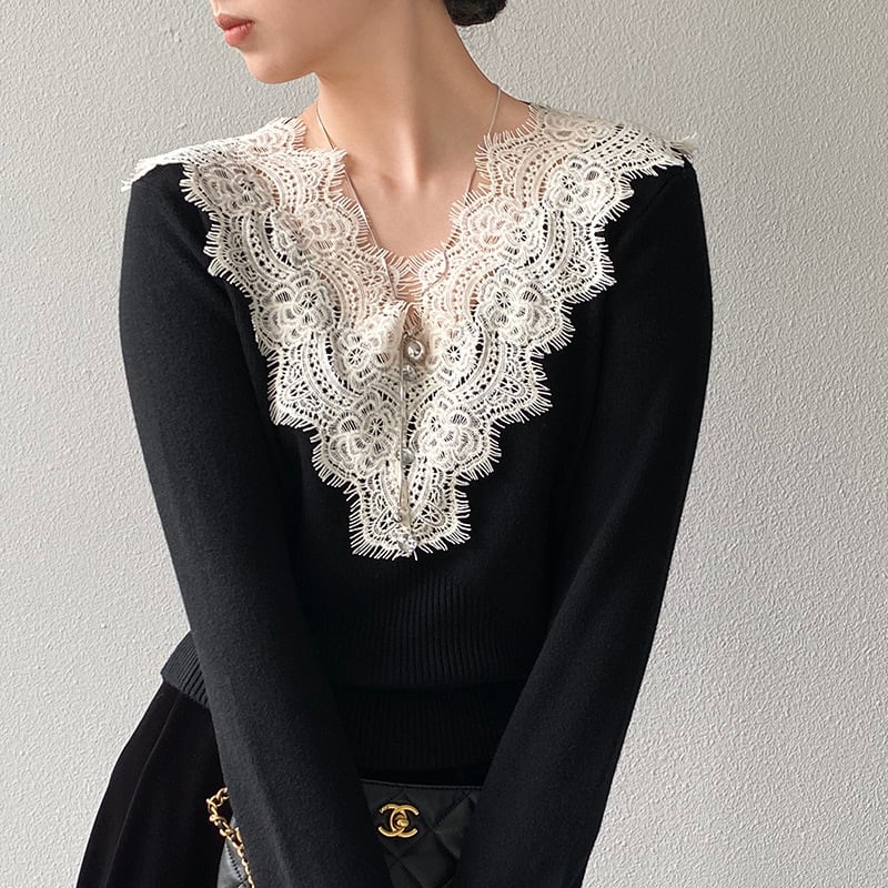 【tops】Vネックレースドッキングニットトップス Q7241