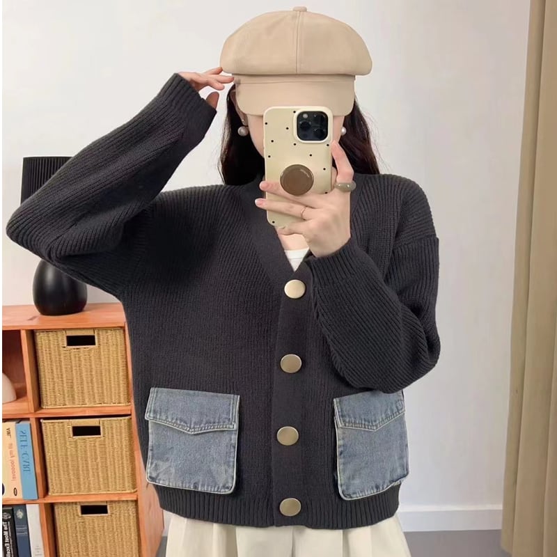 【outer】デニムポケット付きカーディガン Q6364