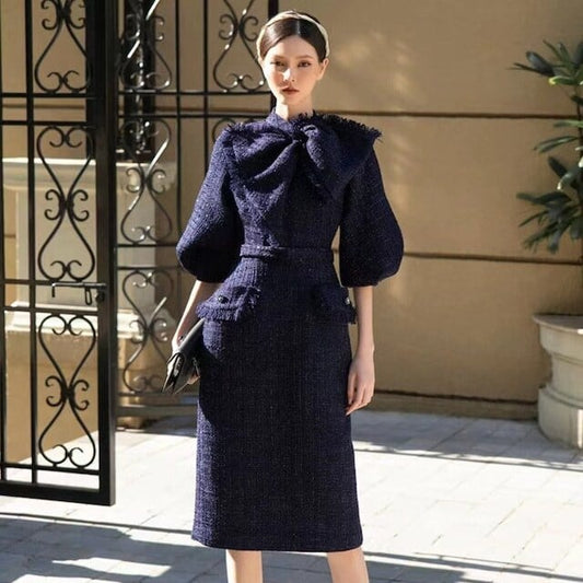 【dress】フレアスリーブレース切替ワンピースF7041