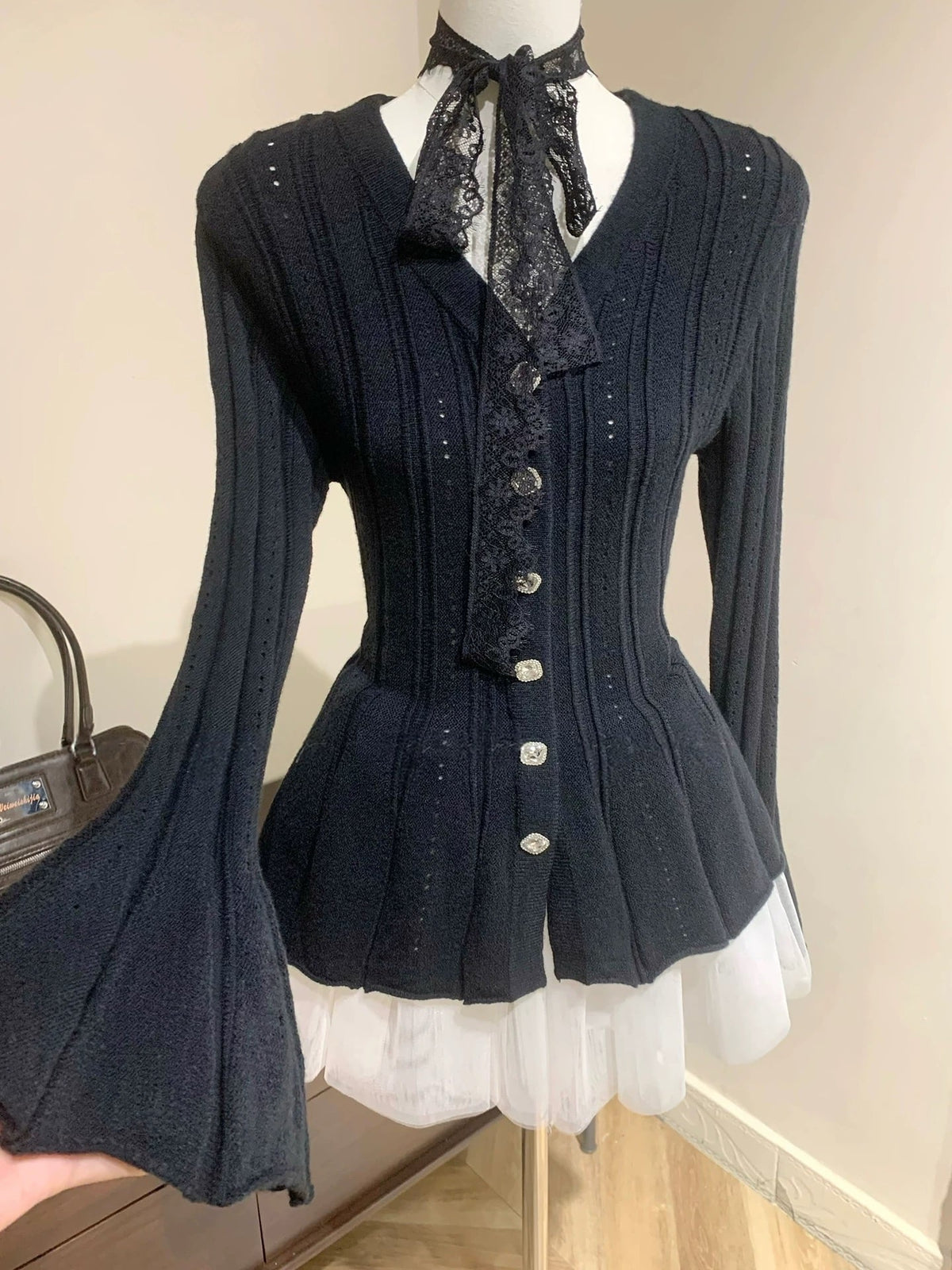 【set】ベルスリーブペプラムカーディガン×チュールミニスカートセット     N3374