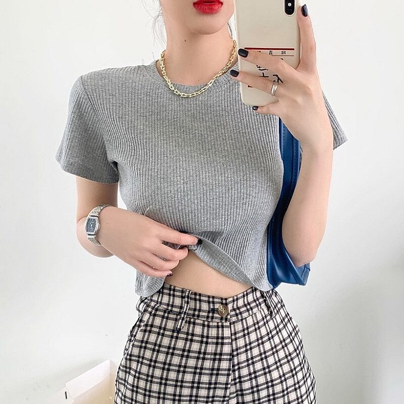 【tops】女性力を高める〜ラウンドネック半袖無地ファッション着回しTシャツF0149