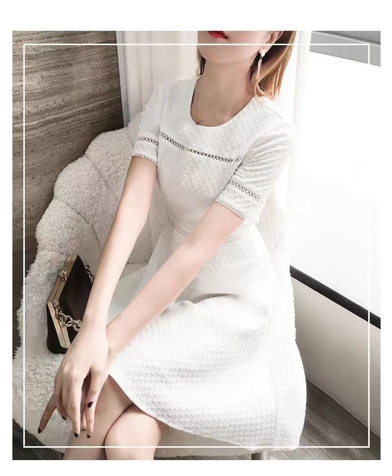 【dress】見逃し厳禁ラウンドネック半袖無地透かし彫り披露宴二次会AラインワンピースF2113