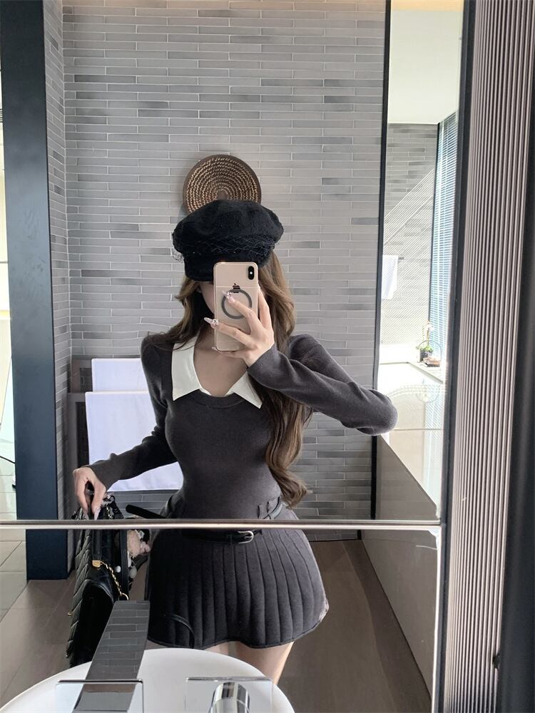 【dress】折り襟ニットワンピース　M28887