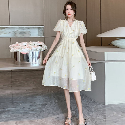 【dress】Vネック花柄パフスリーブワンピース G21582