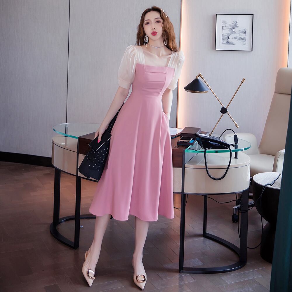 【dress】エレガント気質満点淑女スウィートスクエアネック切り替えワンピース G0180