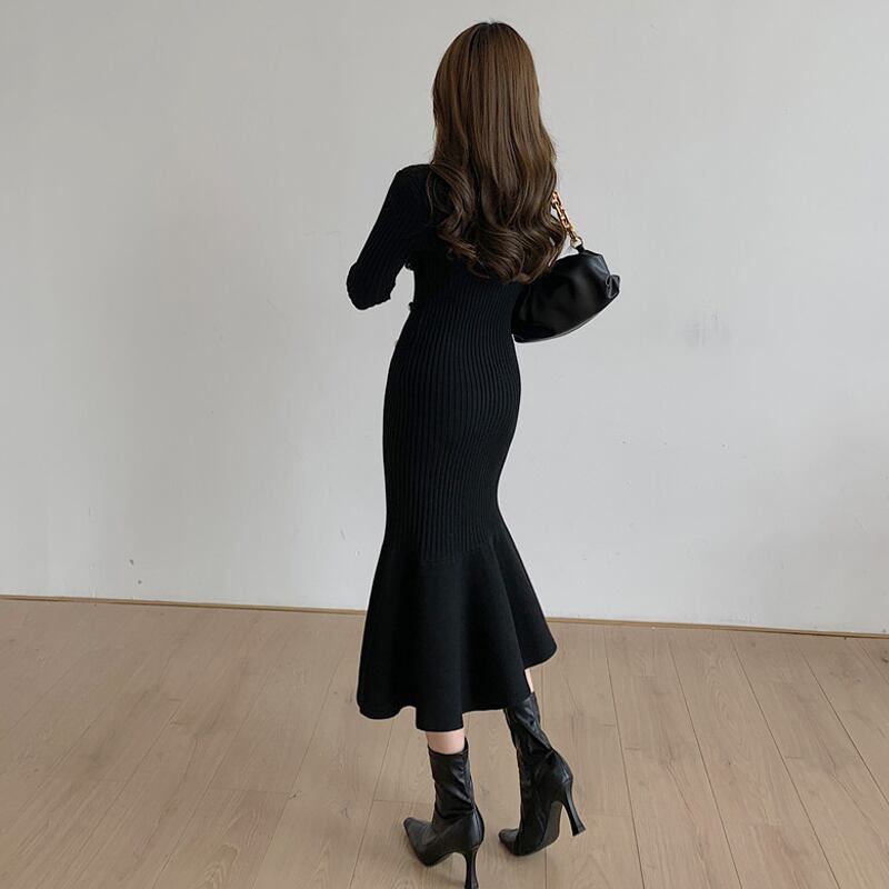 【dress】一目惚れ！ラウンドネック長袖体型カバーファッション無地ニットマーメイドワンピースF0887
