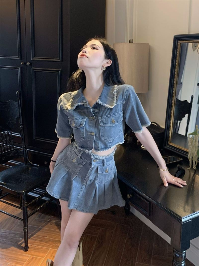 【set】半袖ジャケット+スカートデニム2点セットF7529