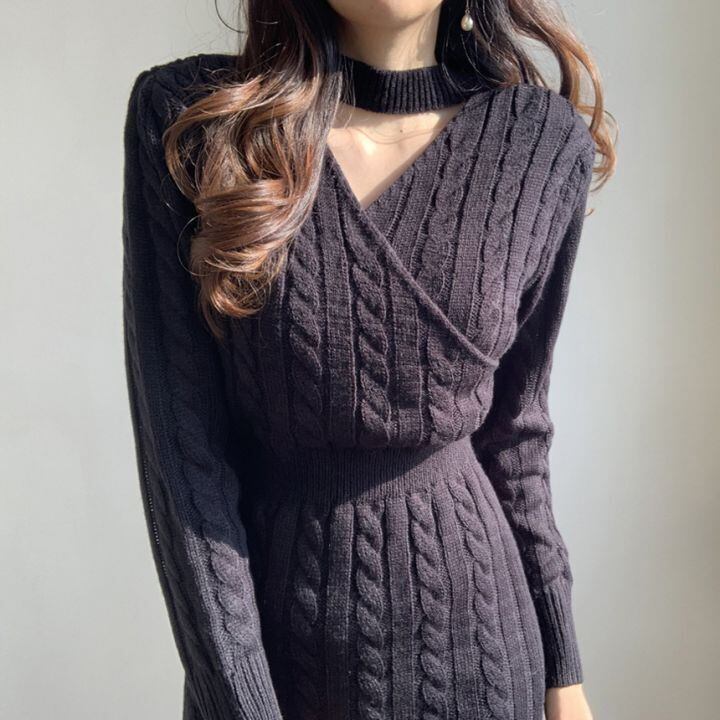 【dress】 韓国系!気質満点レトロ合わせやすい2WAYラウンドネックスリットニットワンピース G2944