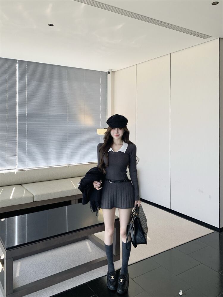 【dress】折り襟ニットワンピース　M28887