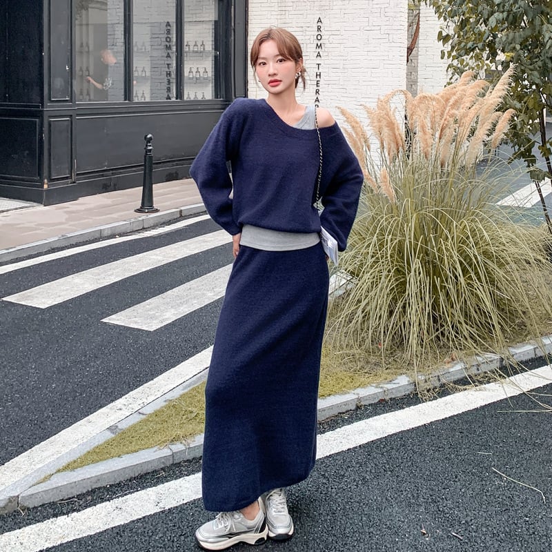 【set】キャミ×ニットトップス×ロングスカート3点セット Q6974