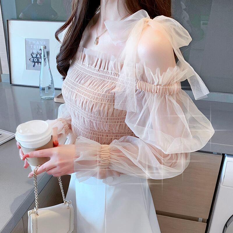 【tops】女性力を高める〜オフネック長袖体型カバーメッシュフ無地着回しブラウスF0570