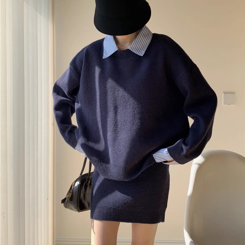 【set】フェイクレイヤードニットトップス×ミニスカートセット Q6963