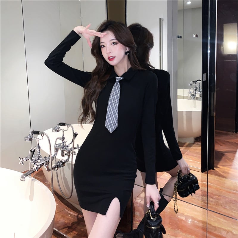 【dress】ネクタイ付きシャツワンピース Q8088