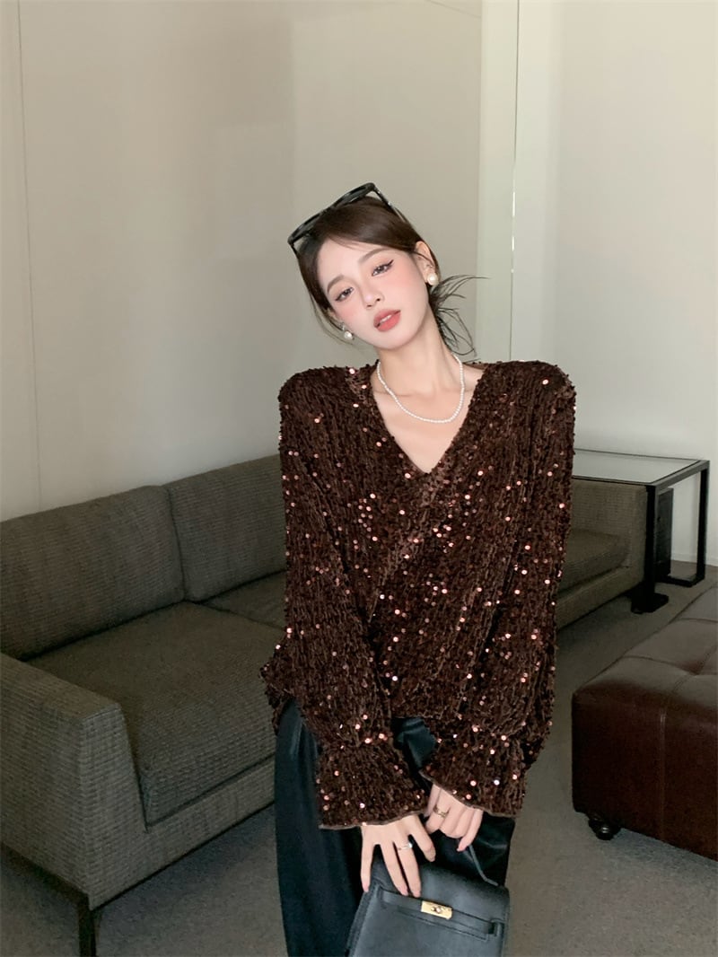 【tops】スパンコールVネックトップス　M28576