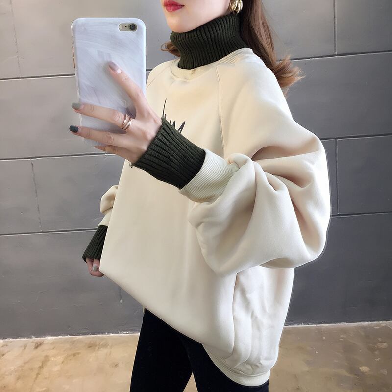 【tops】店長推薦秋冬新作2色ハイネック長袖英字柄配色ゆったり切り替え着回しパーカーF0904