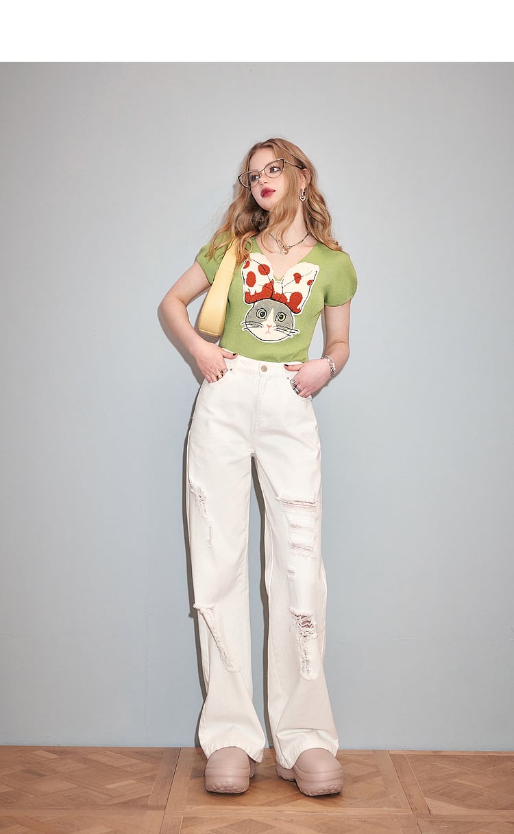 【tops】VネックニットプリントトップスG20926