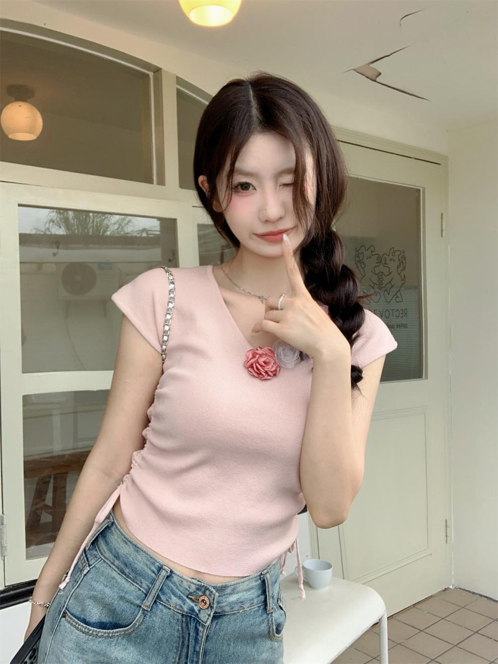 【tops】立体フラワーニットTシャツ　M24271