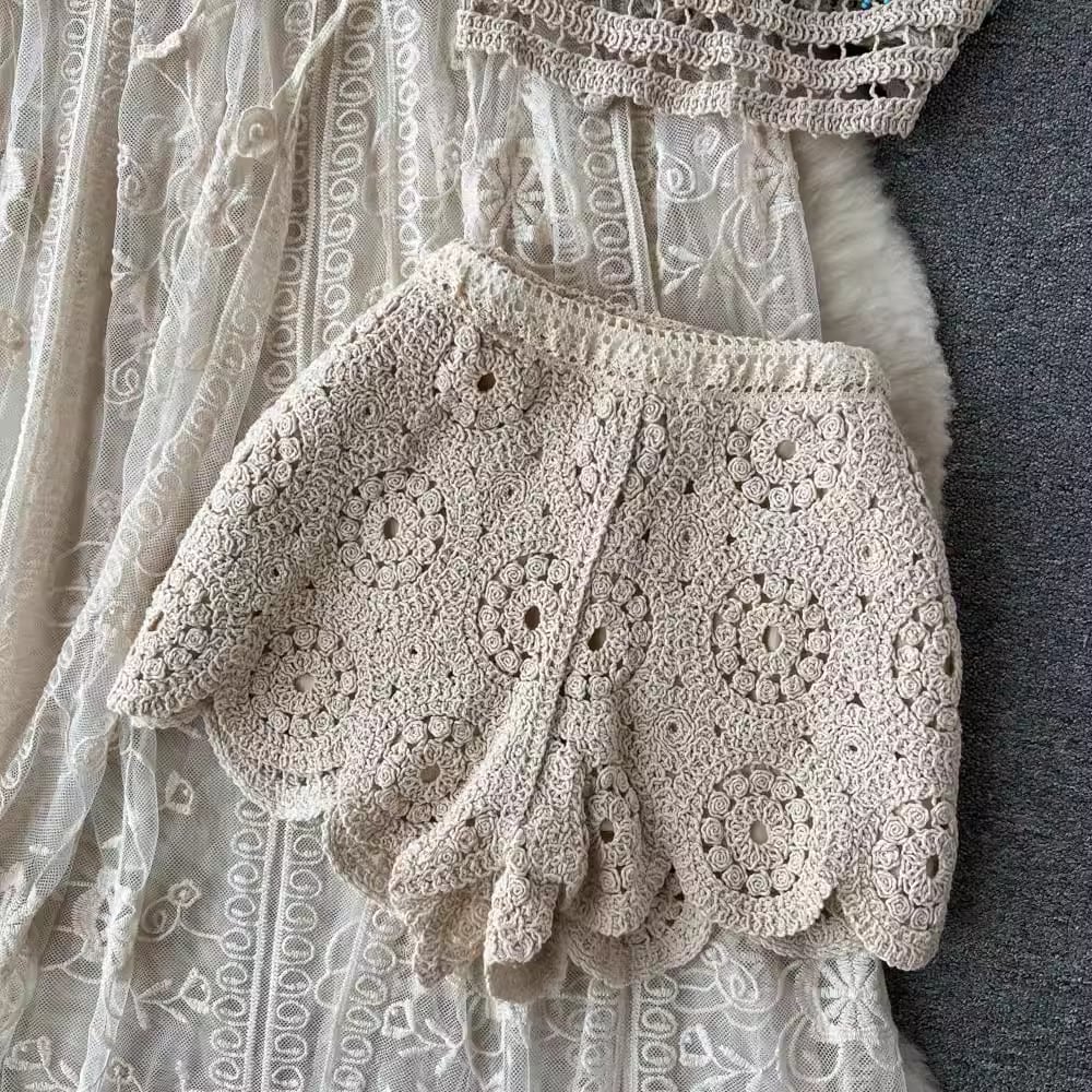 【set】レースカーディガン+キャミソール+ショートパンツ3点セットF7519