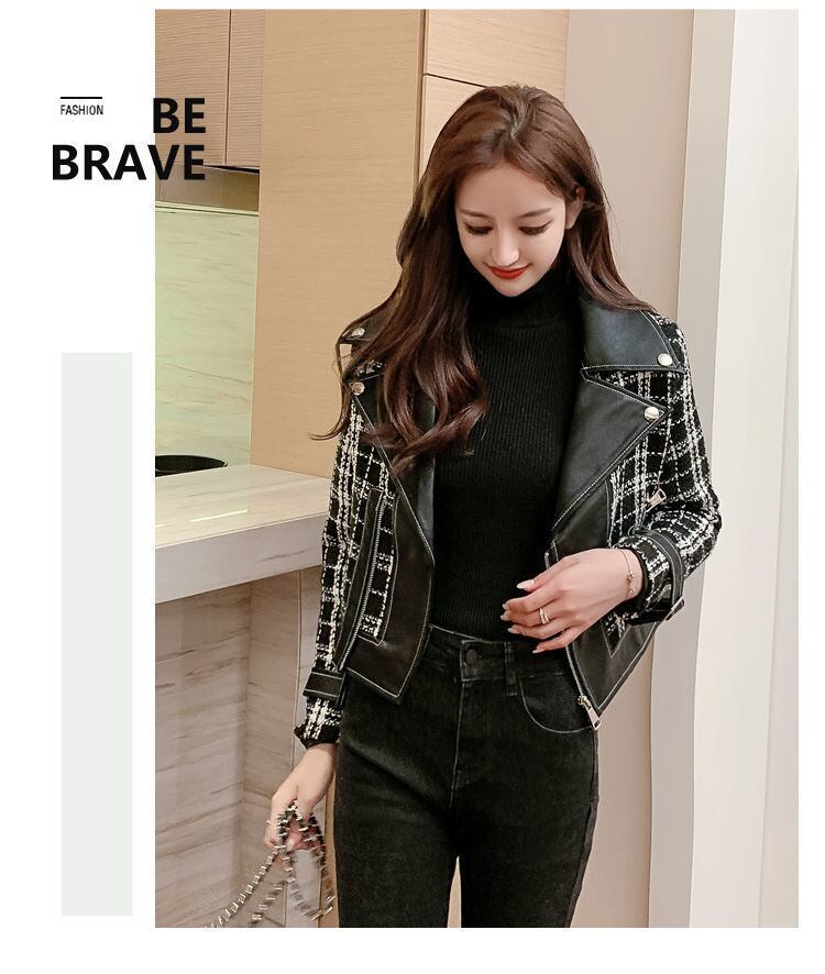 【outer】話題沸騰中大きいラペル長袖韓国風チェック柄配色切り替えショート丈ジャケットF1643