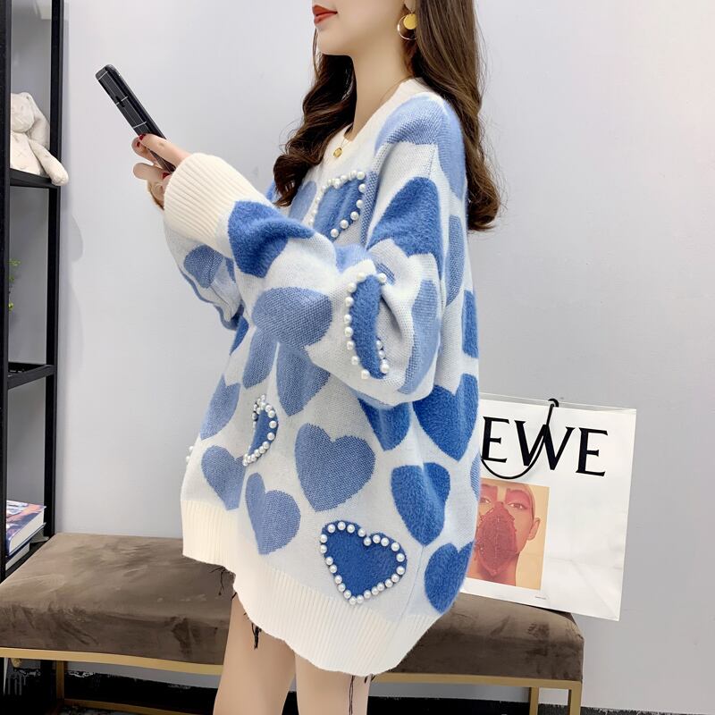 【tops】必ず目を引く2色ラウンドネック長袖ハート柄配色ゆったりビーズ飾りニットセーターF0682