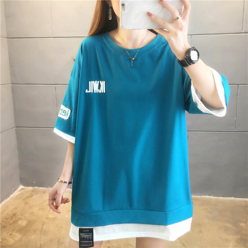 【tops】ラウンドネック半袖カジュアル偽二つ切り替え配色着まわしTシャツ