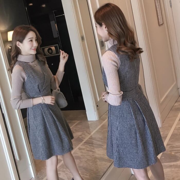 【set】話題沸騰中2点セット無地セーター+ウェスト絞りチョッキワンピース通勤日常セットアップF1277