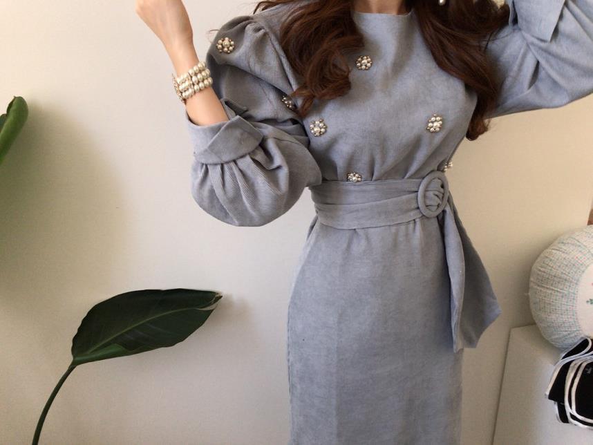 【dress】 韓国系気質満点レトロスウィートパフスリーブ着痩せコールテンワンピース G1775