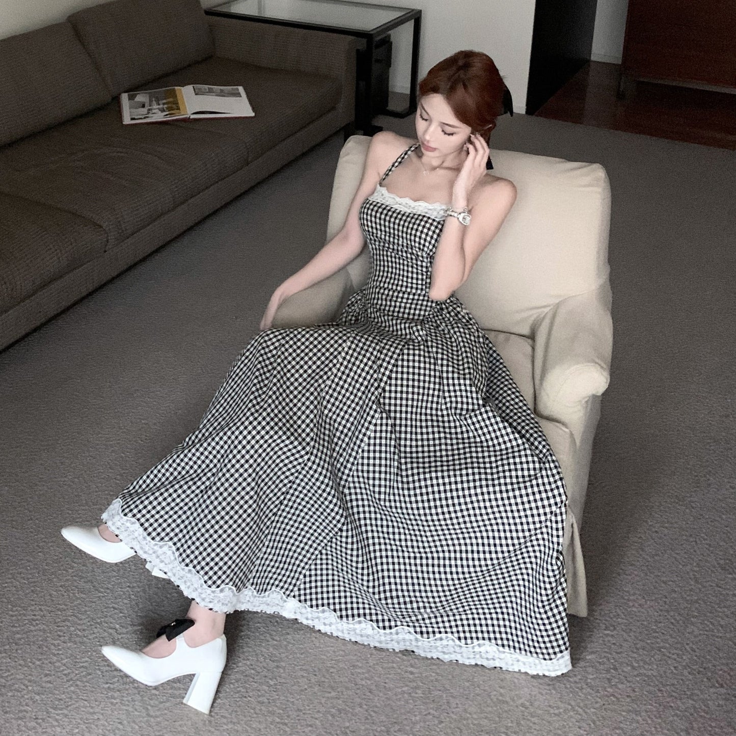 【dress】レース切り替えバックリボンチェック柄ワンピースF7789