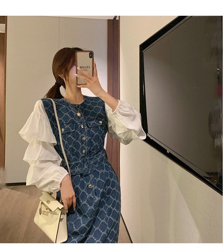 【set】清純甘くて女子力UP！気質満点ファッショントップス+デニムワンピース２点セット G9443