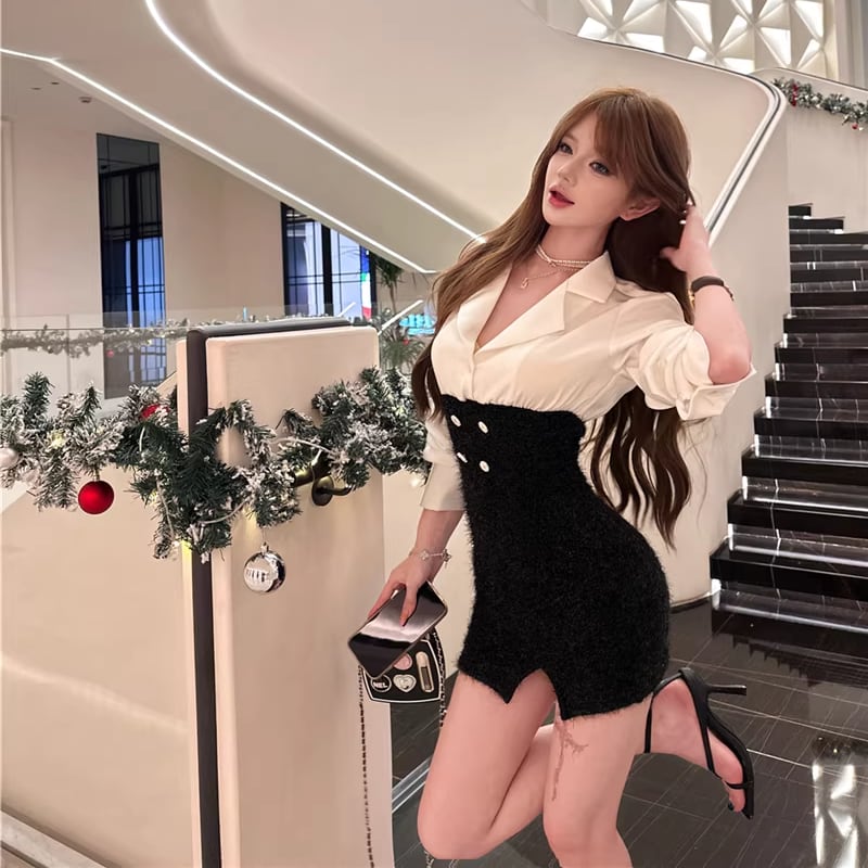 【dress】シャツドッキングタイトワンピース Q7844