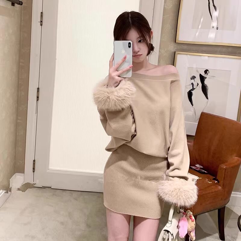 【dress】袖ファーニットワンピース Q7715
