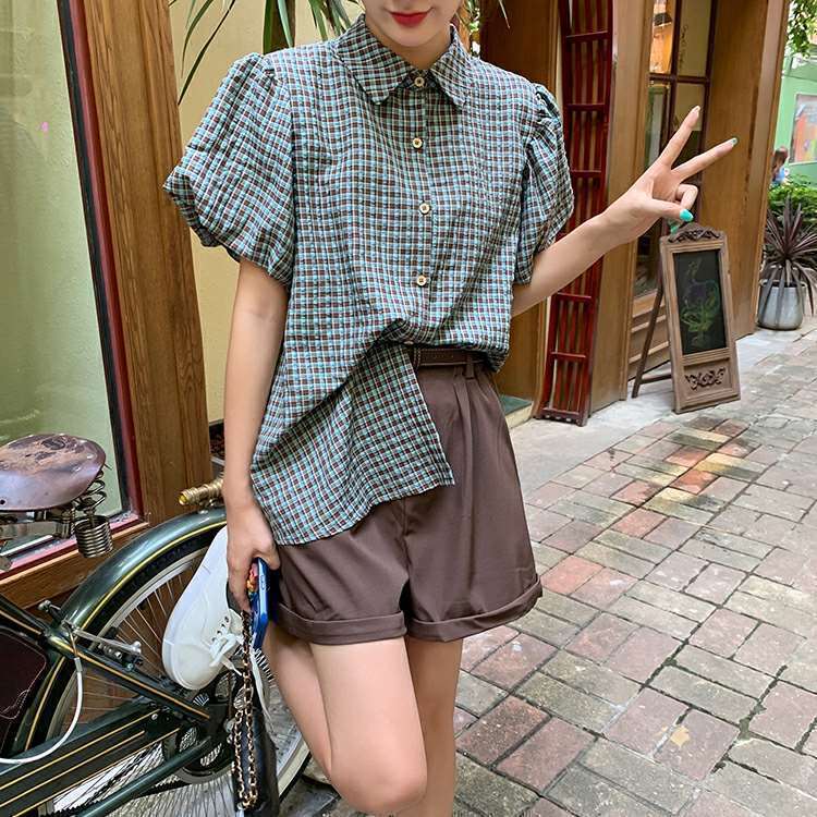 【set】チェック柄ブラウス+ショートパンツ２点セットG21352