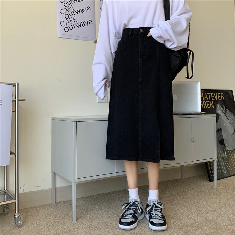 【bottoms】細身効果抜群♪INS風ポケット付きスリット合わせやすいデニムスカート