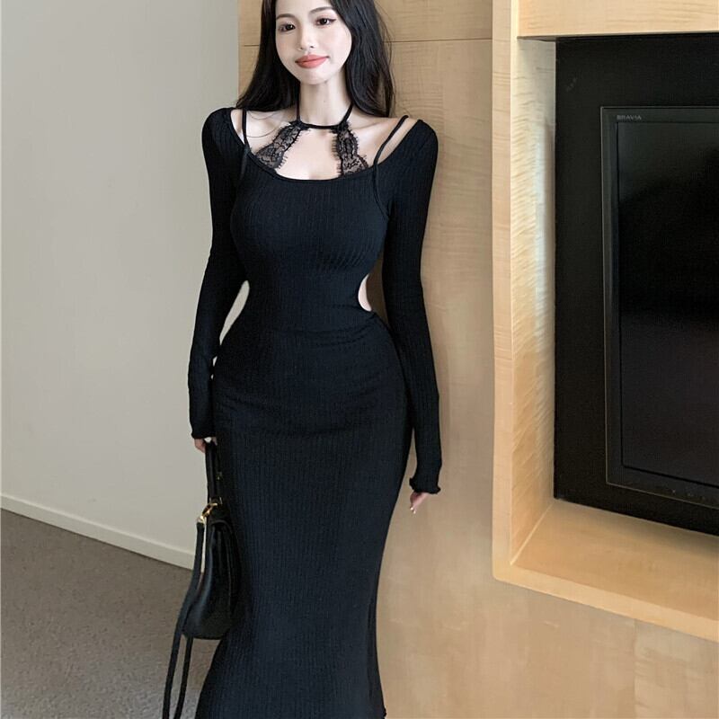 【dress】レースドッキングニットワンピース　M27875