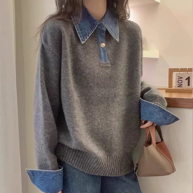 【tops】デニムドッキングニットトップス Q7216