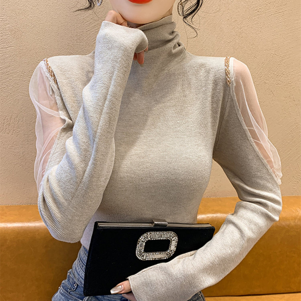 【tops】シースルーショルダーニットトップス　N2917