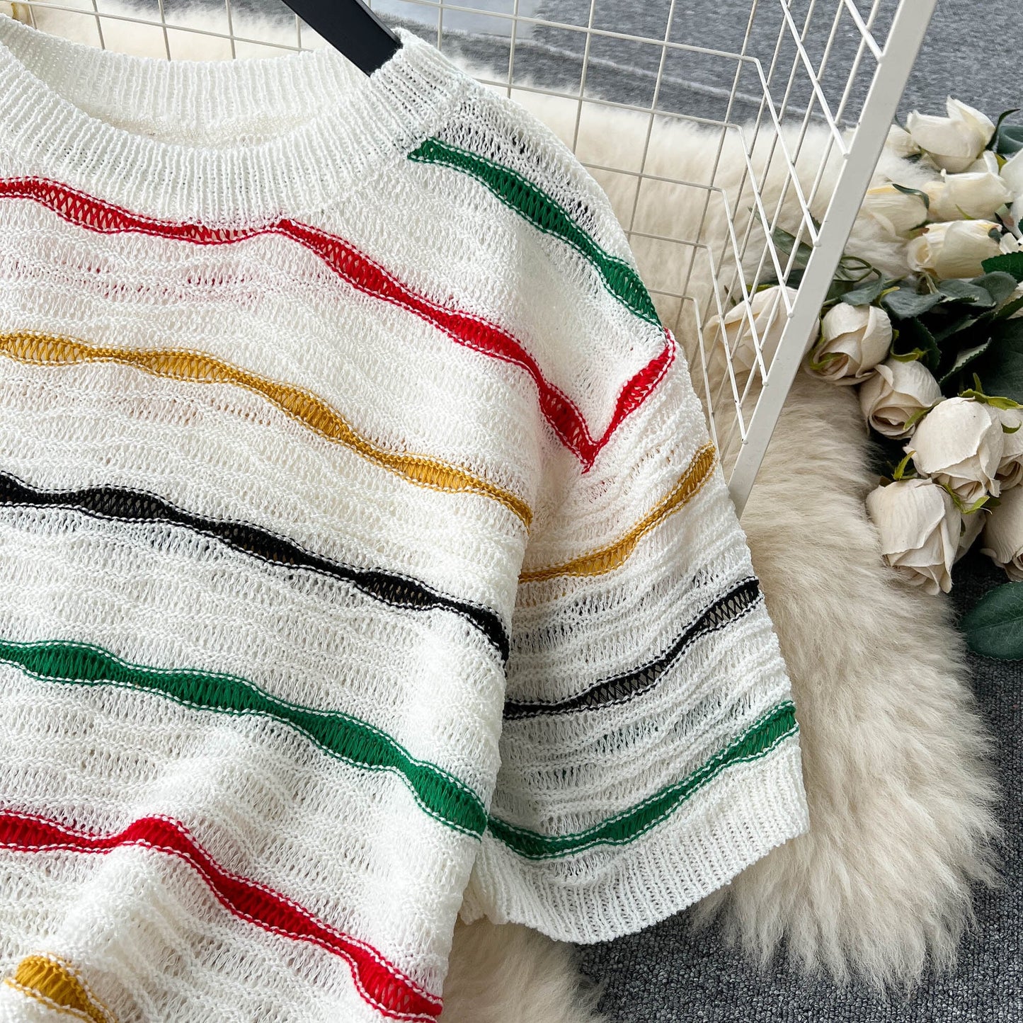 【set】ストライプ柄ニットトップス+スカート２点セットG20661