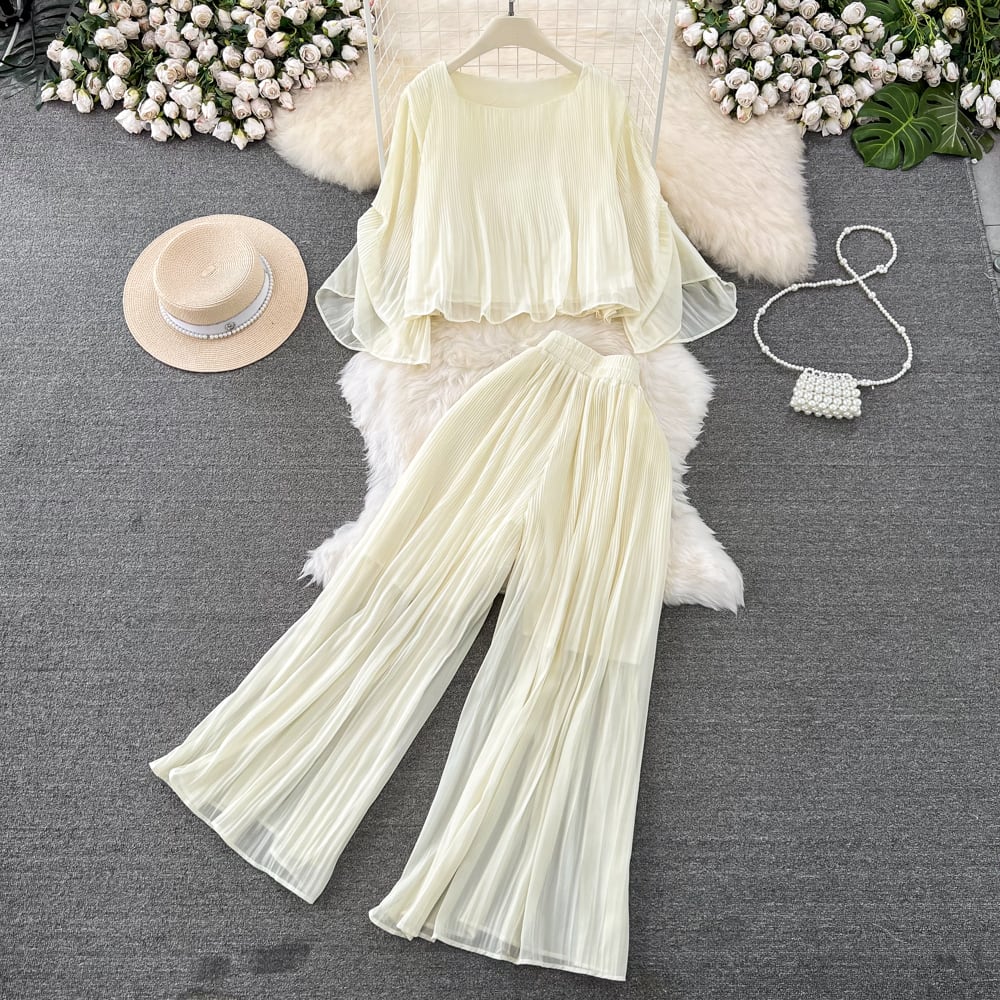 【set】シフォントップス+ガウチョパンツ２点セットG20355