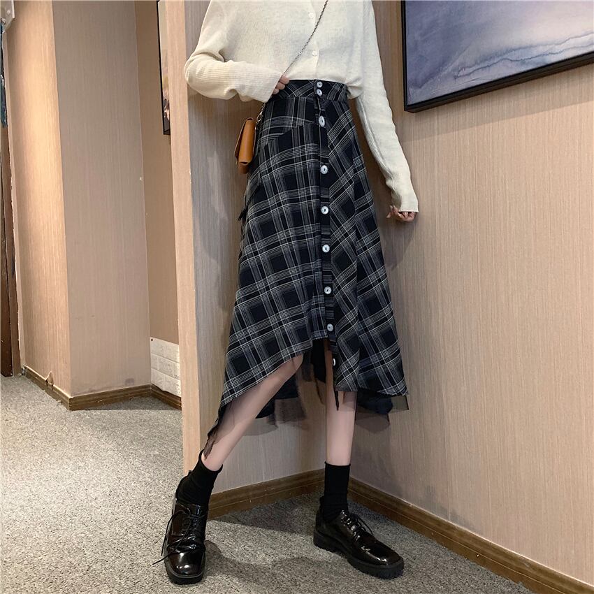 【bottoms】スウィート気質満点デザイン不規則チェック柄ハイウエストスカート