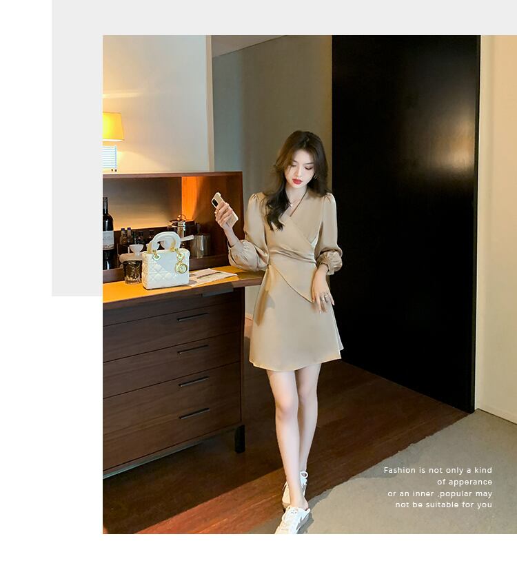 【dress】高級感!気質満点女性力を高める〜着痩せ長袖フランス風ワンピース G3466