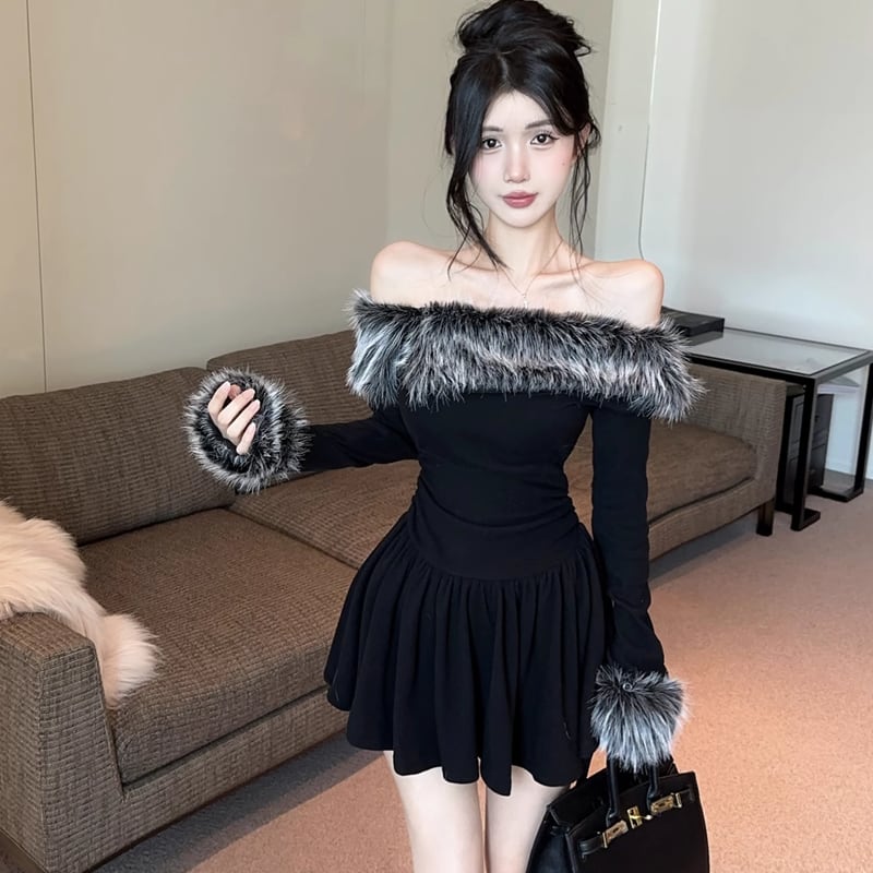 【dress】ファー付きフレアワンピース Q7564