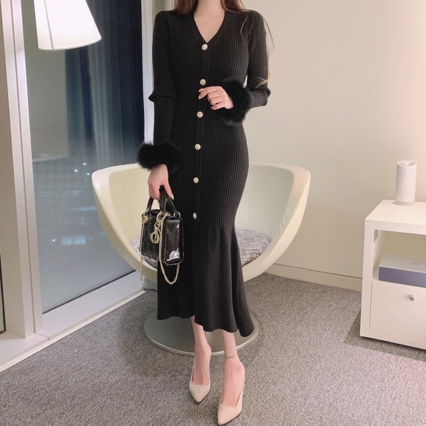 【dress】袖ファー マーメイドニットワンピース　M26156