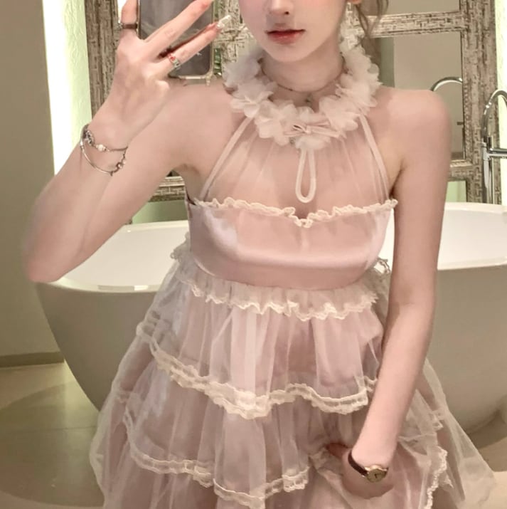【dress】レースドッキングホルターネックワンピース　M30200