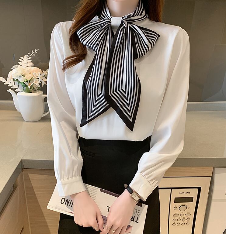 【tops】オシャレ度満点〜2色タイカラー長袖韓国風配色おしゃれ着回しブラウスF1765