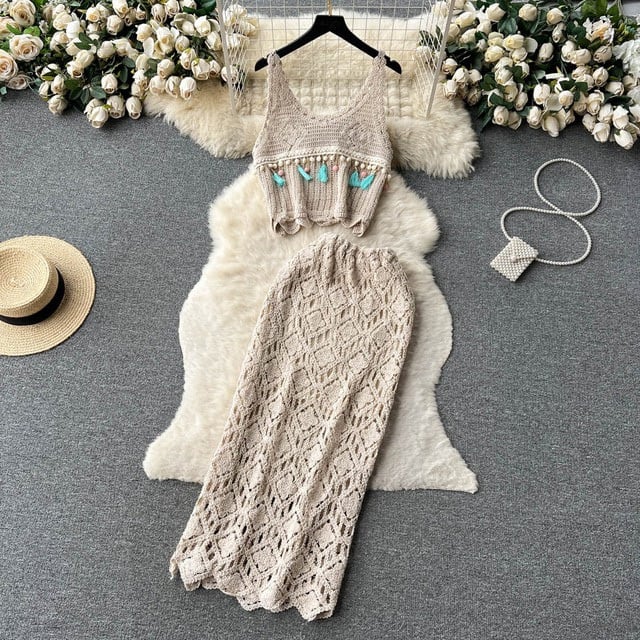 【set】キャミソール+スカート透かし彫り2点セットF7518