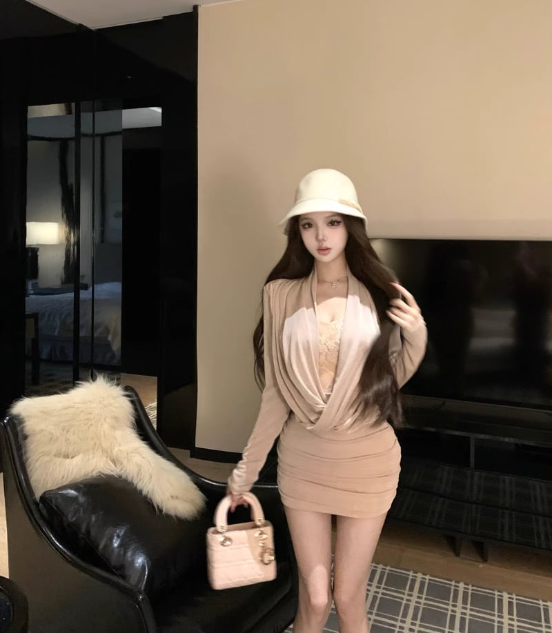 【dress】レースドッキングドレープドネックタイトワンピース Q7546