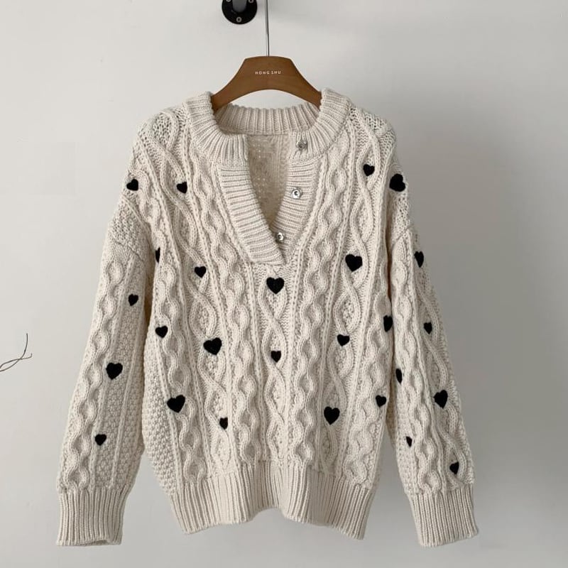 【tops】ハート刺繡柄ニットトップス Q7360