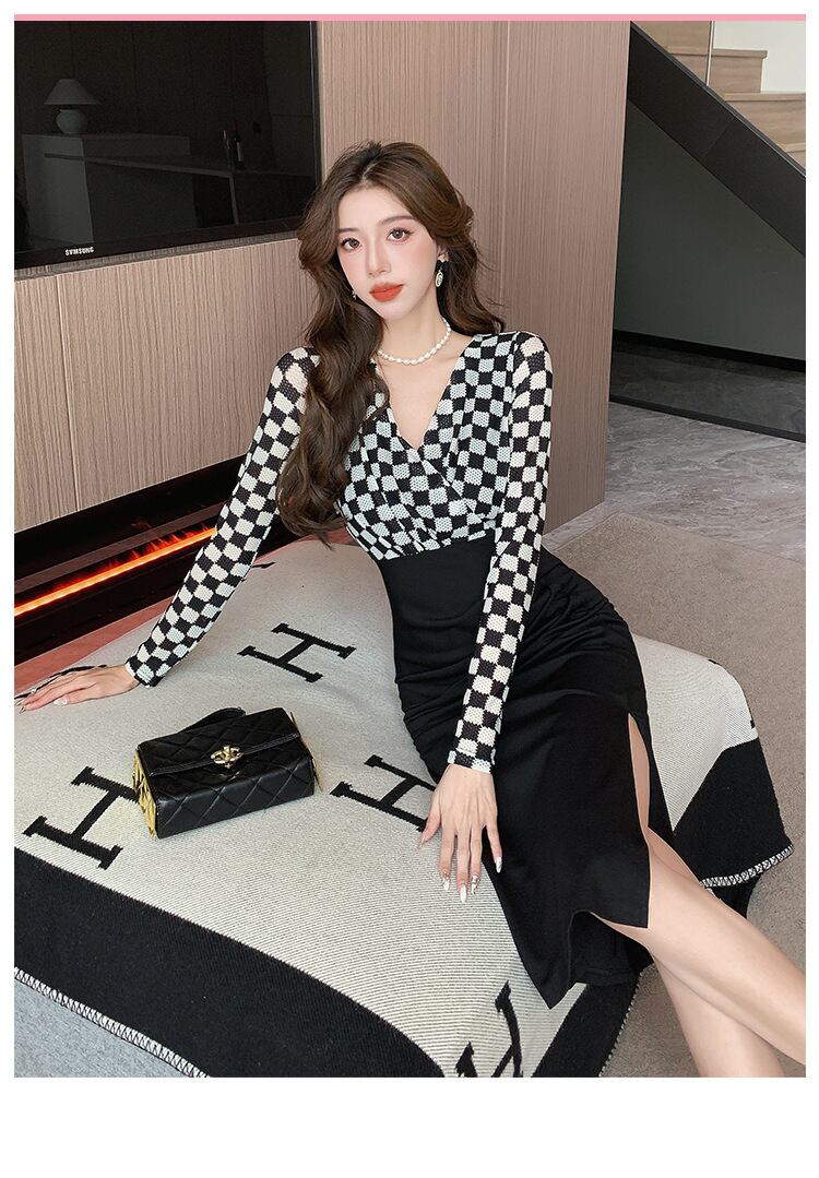 【dress】Vネック長袖切り替えワンピースG16919